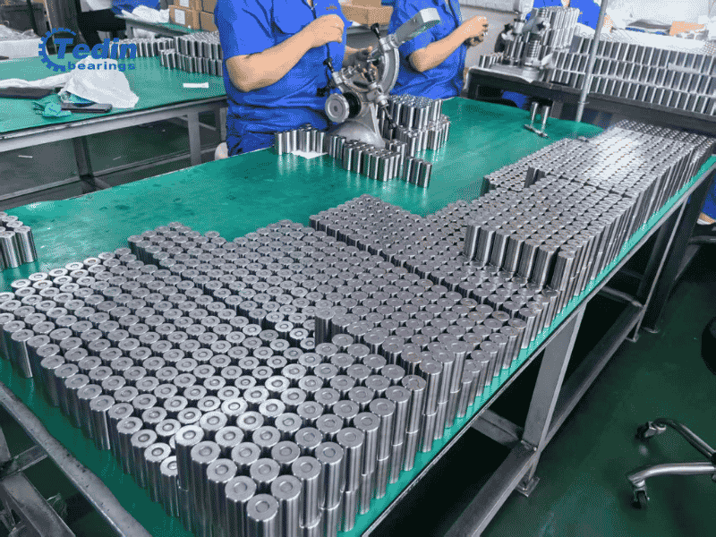 In-house tapered roller production line ensuring precise logarithmic profile and strict size sorting.