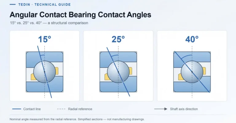 Schematic comparison of 15°, 25° and 40° angular contact bearing contact angles