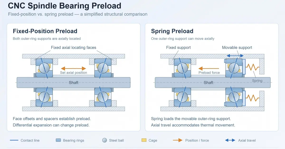 Simplified angular contact bearing sections comparing fixed-position and spring preload in a CNC spindle