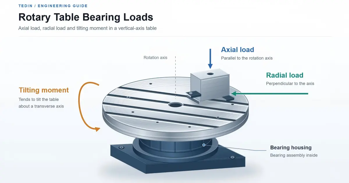 Axial load, radial load and tilting moment acting on a rotary table bearing
